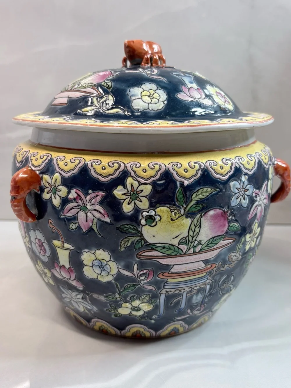 Vintage Chinoiserie Porcelain Ginger Jar Cobalt Blue Floral Lidded Jar